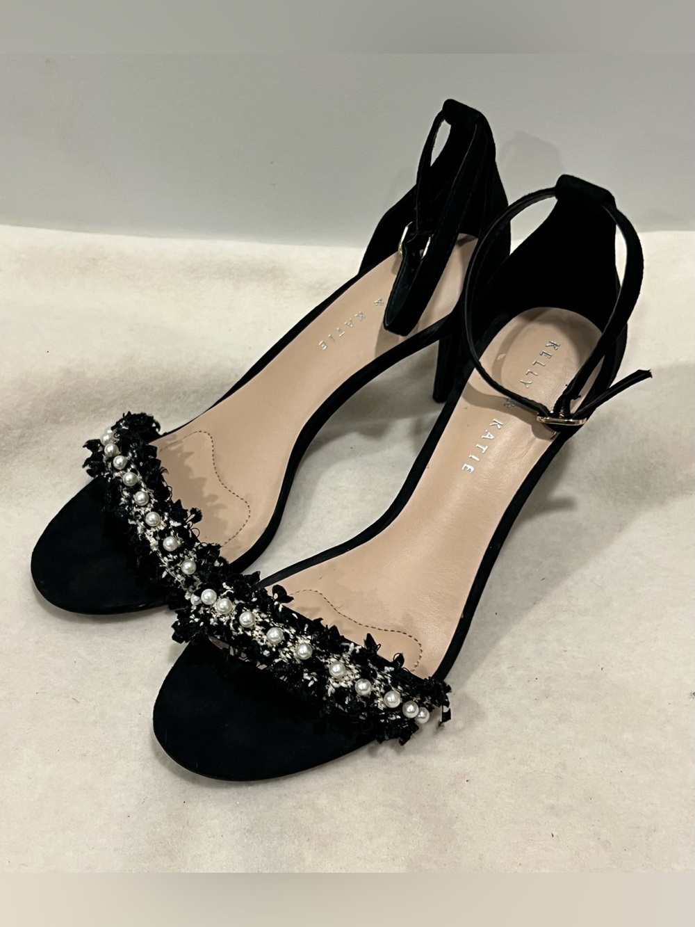 Kelly & Katie Women’s Black Open-Toe Pearl & Crystal Ankle-Strap Heels Size 8 - Picture 2 of 11